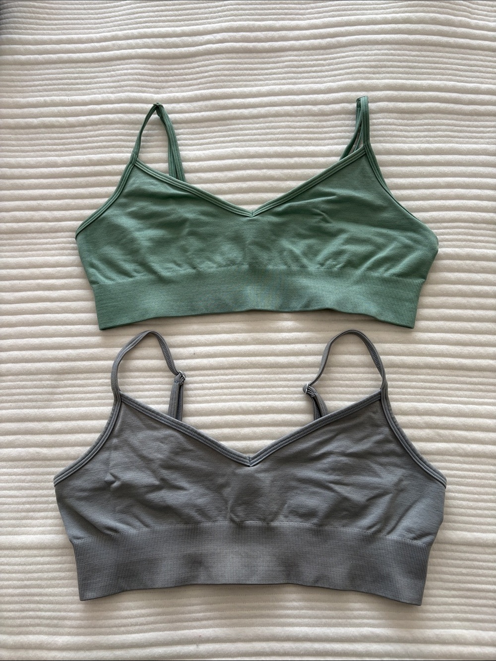 Lightweight V-Neck Seamless Bralette Duo in Sage Green and Blue Grey